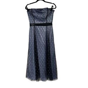 Adrianna Papell Black Mesh Sequin Overlay‎ Blue Strapless Midi Formal Dress Sz 8